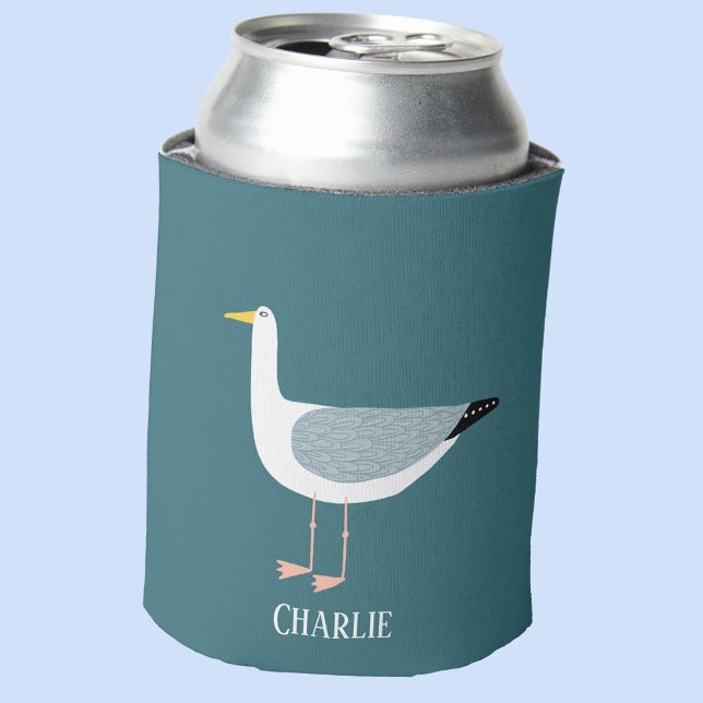 Enfriador De Latas Diversión personalizada de la gaviota (Personalized name seagull teal green can cooler)