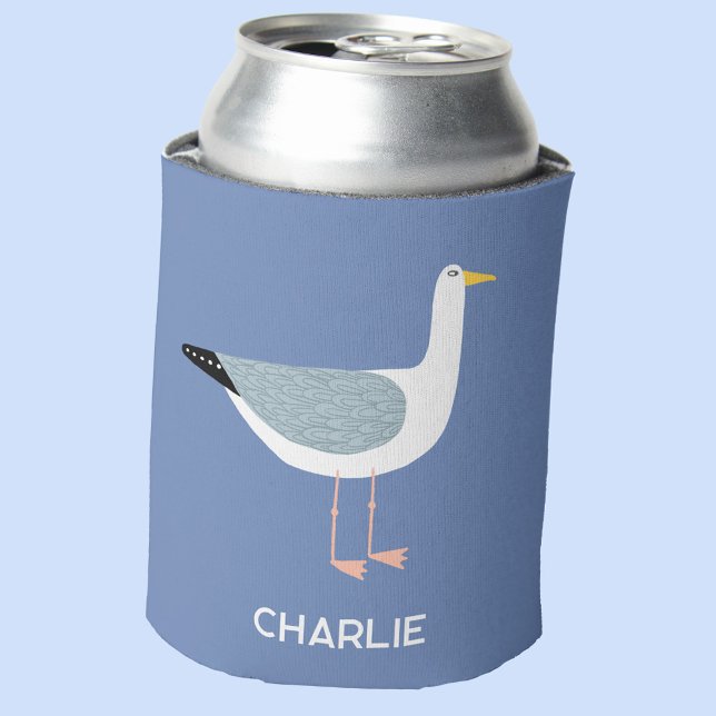 Enfriador De Latas Diversión personalizada de la gaviota (Personalized name seagull blue can cooler)
