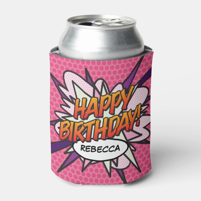 Enfriador De Latas Diversión rosa FELIZ CUMPLEAÑOS Personalizado (Lata Anverso)
