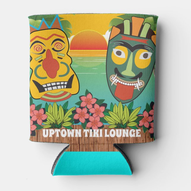 Enfriador De Latas Divertido Tiki Faces con la puesta de sol tropical (Anverso)