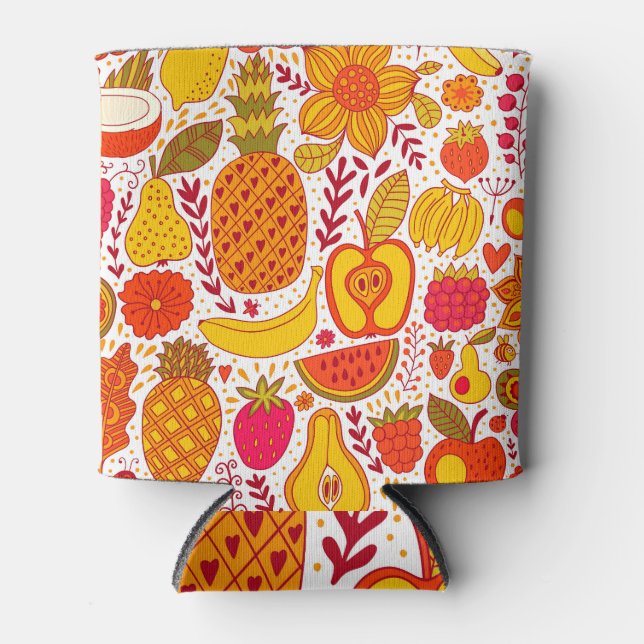 Enfriador De Latas Doodles de frutas: Patrón de cosecha de verano. (Anverso)