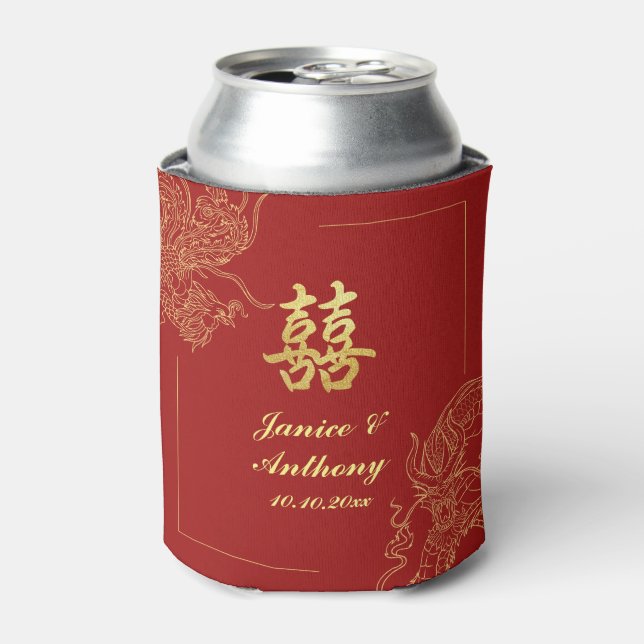 Enfriador De Latas Dragon Phoenix Boda Tradicional Chino Rojo (Lata Anverso)