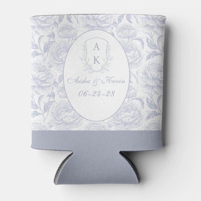 Enfriador De Latas Dusty Blue Chinoiserie Peonies Monogram Wedding (Anverso)