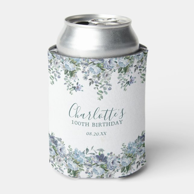 Enfriador De Latas Dusty Blue Floral 100.ª Personalizado de cumpleaño (Lata Anverso)