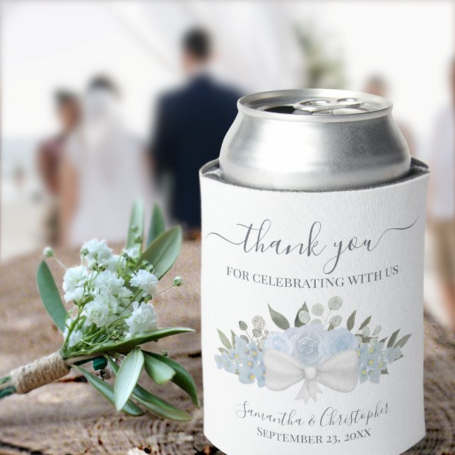 Enfriador De Latas Dusty Blue Floral Elegant Wedding Gracias (Subido por el creador)