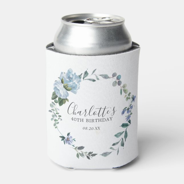 Enfriador De Latas Dusty Blue Floral Personalizado 40 cumpleaños Pers (Lata Anverso)