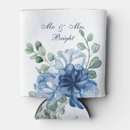 Enfriador De Latas Dusty Blue Floral Watercolor Monogram Wedding