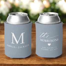 Enfriador De Latas Dusty Blue Wedding Favor Monograma Nombre Corazón