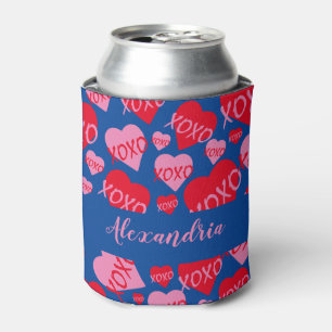Enfriador De Latas El día de San Valentín Rojo Rojo  Patrón XOXO Azul