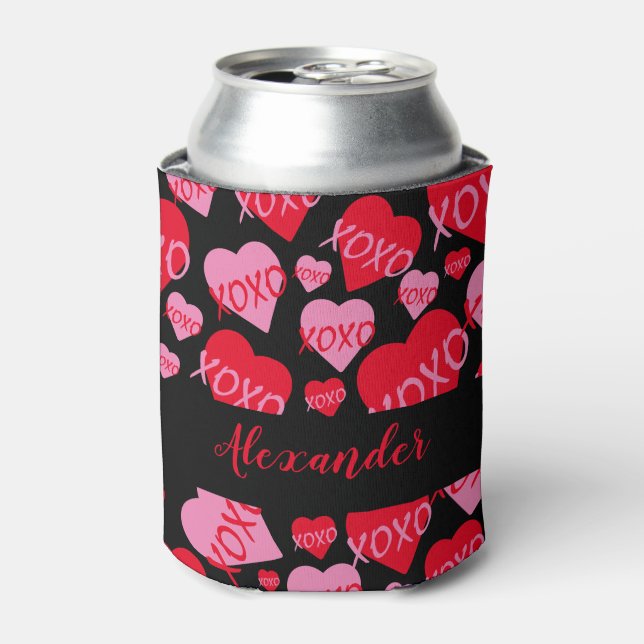 Enfriador De Latas El día de San Valentín Rojo Rosa Patrón XOXO Negro (Lata Anverso)