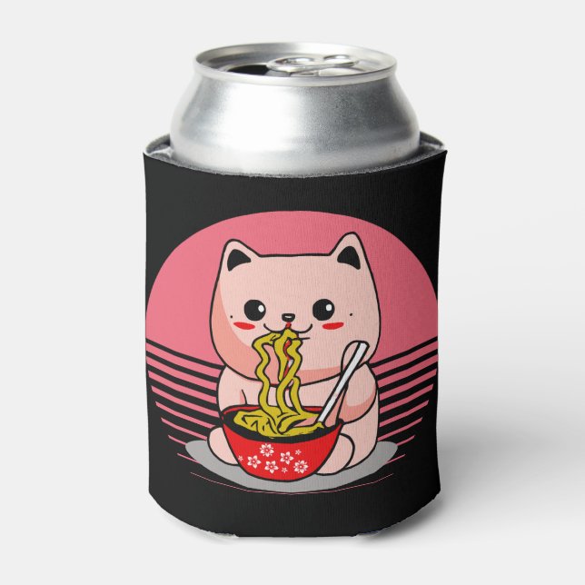 Enfriador De Latas El gato de Kawaii comiendo ramen (Lata Anverso)