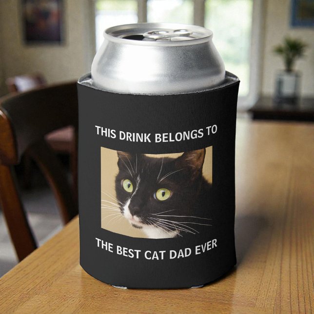 Enfriador De Latas El mejor gato papá Personalizado foto negro (Best Cat Dad Ever Custom Photo Black Can Cooler)