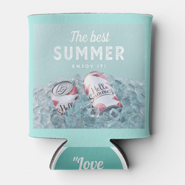 Enfriador De Latas El mejor verano (A can cooler with a light blue background, featuring the text "The best SUMMER" and "ENJOY IT!" )