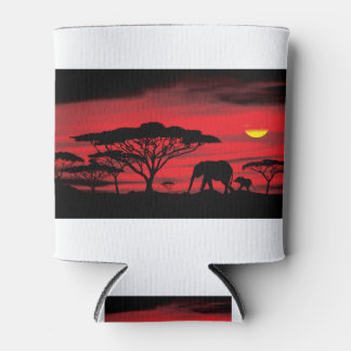 Enfriador De Latas Elefante africano y bebé con atardecer rojo