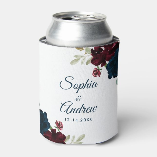Enfriador De Latas Elegant Burgundy & Navy Rustic Wood Wedding (Lata Anverso)