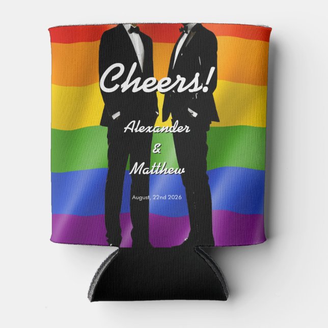 Enfriador De Latas Elegant Modern Gay Men Wedding Rainbow (Anverso)