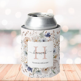 Enfriador De Latas Elegant Monogram Pretty Beige Blue Flowers Floral