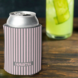 Enfriador De Latas Elegant Pink and Gray stripes Monogrammed custom