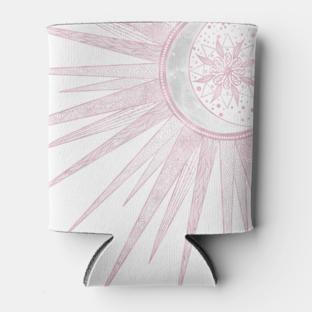 Enfriador De Latas Elegant Pink Sun Moon Doodle Mandala White Design (Anverso)