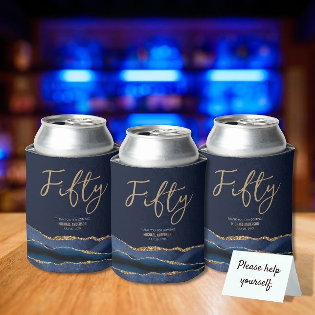 Enfriador De Latas Elegante 50.ª Fiesta de Cumpleaños Blue Gold Agate (Subido por el creador)