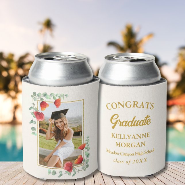 Enfriador De Latas Elegante acuarela Floral Graduación Fiesta de pisc (Elegant Watercolor Floral Graduation Pool Party Can Cooler)