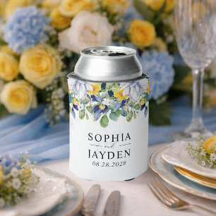 Enfriador De Latas Elegante boda azul blanco amarillo floral