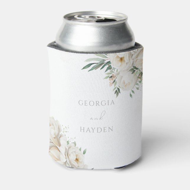 Enfriador De Latas Elegante Boda de hojas de sabio y floral blanca (Reverso de la lata)