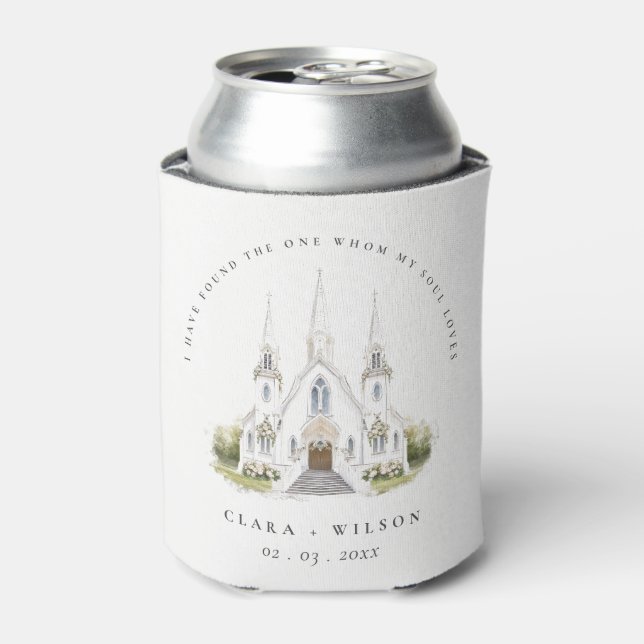 Enfriador De Latas Elegante Boda de Iglesia Católica de Acuarela (Lata Anverso)