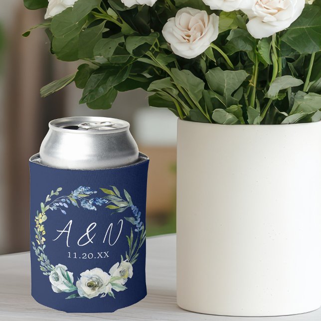 Enfriador De Latas Elegante Boda de Invierno de la Marina Azul Floral (Subido por el creador)