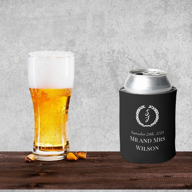 Enfriador De Latas Elegante Boda de la guirnalda del monograma negro (Subido por el creador)
