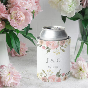 Enfriador De Latas Elegante Boda de Monograma Rubor Floral Rosa Peony