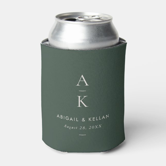 Enfriador De Latas Elegante Boda de Monograma Verde Simple Moderno (Lata Anverso)
