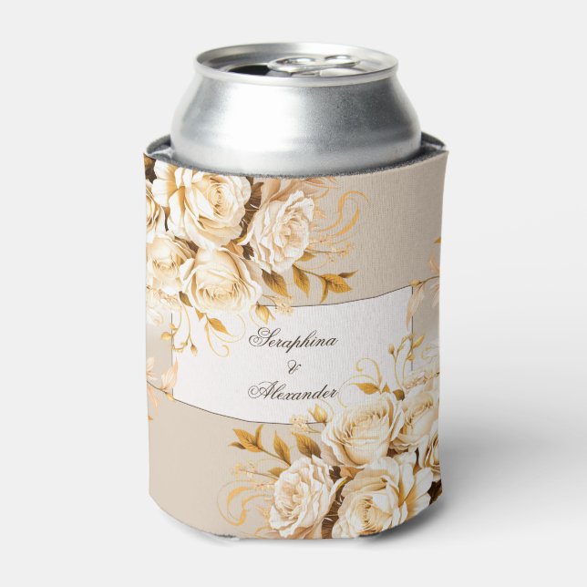 Enfriador De Latas Elegante Boda dorado y floral de marfil (Lata Anverso)
