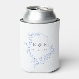 Enfriador De Latas Elegante Boda Escudo de hojas azules Monograma