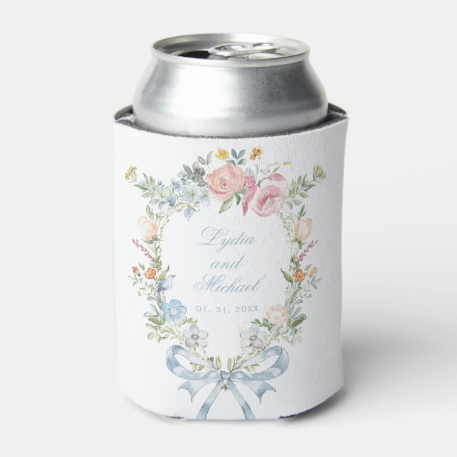 Enfriador De Latas Elegante Boda Monograma Escudo Floral (Lata Anverso)