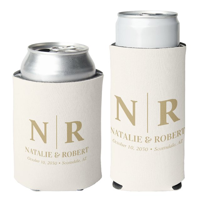 Enfriador De Latas Elegante Boda Monograma Novia Groom Iniciales Oro (Subido por el creador)