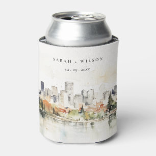 Enfriador De Latas Elegante Boda Portland Oregon Skyline Watercolor