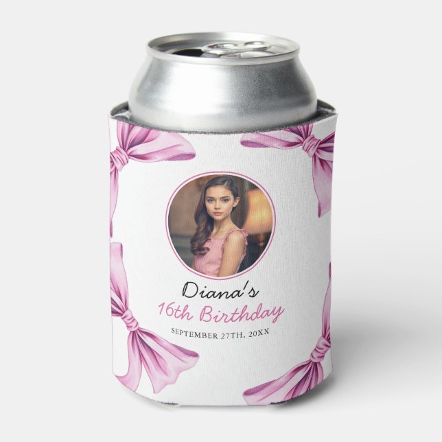Enfriador De Latas Elegante Bow Rosa Coquette Foto Dulce 16 Cumpleaño (Lata Anverso)