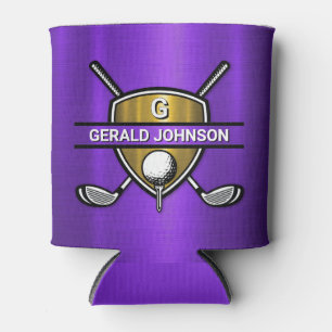 Enfriador De Latas Elegante Diseño de Monograma de Golf Gold Shield