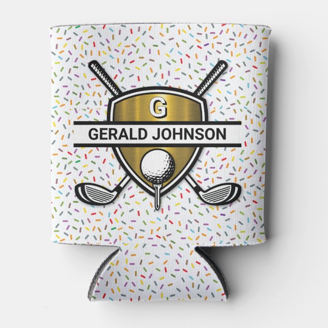 Enfriador De Latas Elegante Diseño de Monograma de Golf Gold Shield (Anverso)