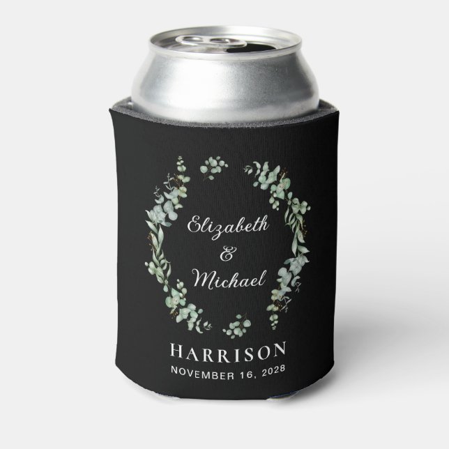 Enfriador De Latas Elegante Eucalyptus Greenery Black Wedding Favor (Reverso de la lata)