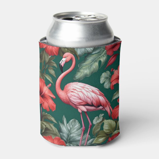 Enfriador De Latas Elegante Flamingo Hibiscus Flowers Emerald Green (Lata Anverso)
