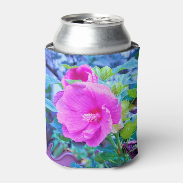 Enfriador De Latas Elegante flor rosa hibiscus con floaje Aqua (Lata Anverso)