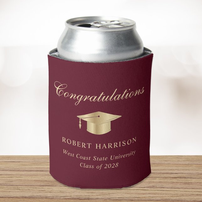 Enfriador De Latas Elegante Grad Cap Burgundy Gold Graduation Party (Subido por el creador)