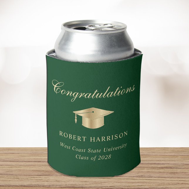 Enfriador De Latas Elegante Grad Cap Green Gold Graduation Party (Subido por el creador)