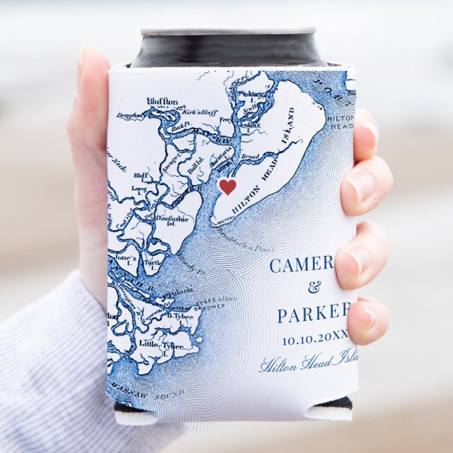 Enfriador De Latas Elegante Hilton Head Island Map Navy Blue Boda (Hilton Head Island Wedding Can Coozie Georgia navy blue wedding favor from Coastal Map Designs)