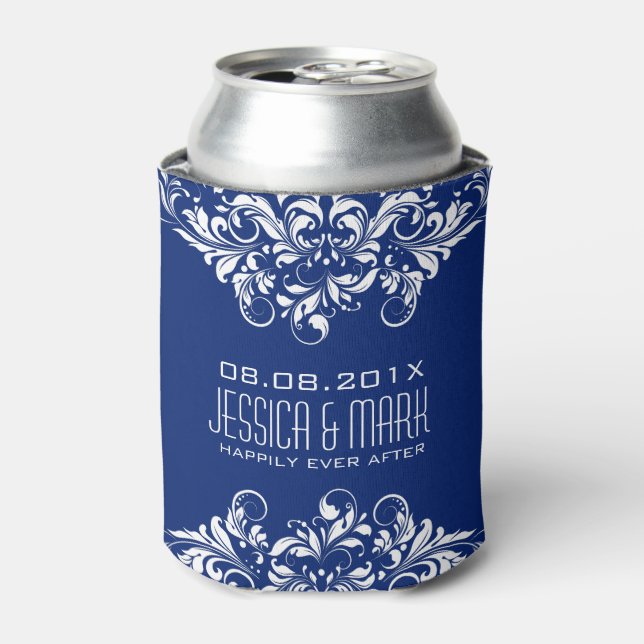 Enfriador De Latas Elegante Lace Blanco Con Fondo Azul (Lata Anverso)