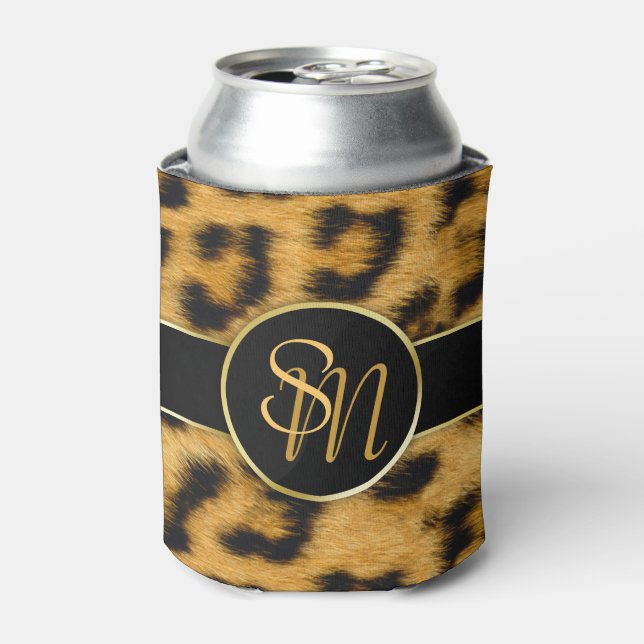 Enfriador De Latas Elegante Leopard Print Monograma Script - Refriger (Lata Anverso)