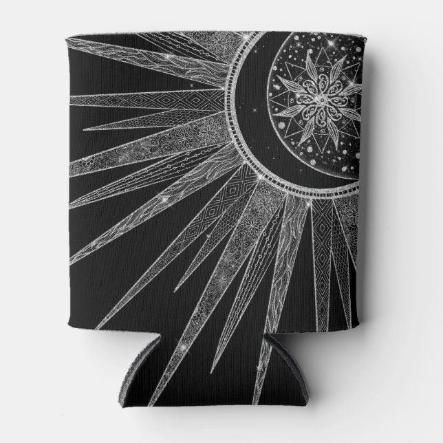 Enfriador De Latas Elegante luna de sol plateado Mandala Diseño negro (Anverso)