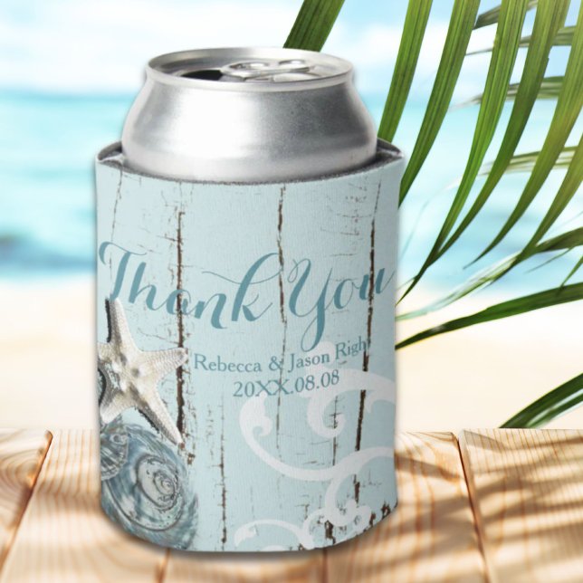 Enfriador De Latas Elegante madera BLue Seashells Beach Wedding (Elegant wood BLue Seashells Beach Wedding Can Cooler)